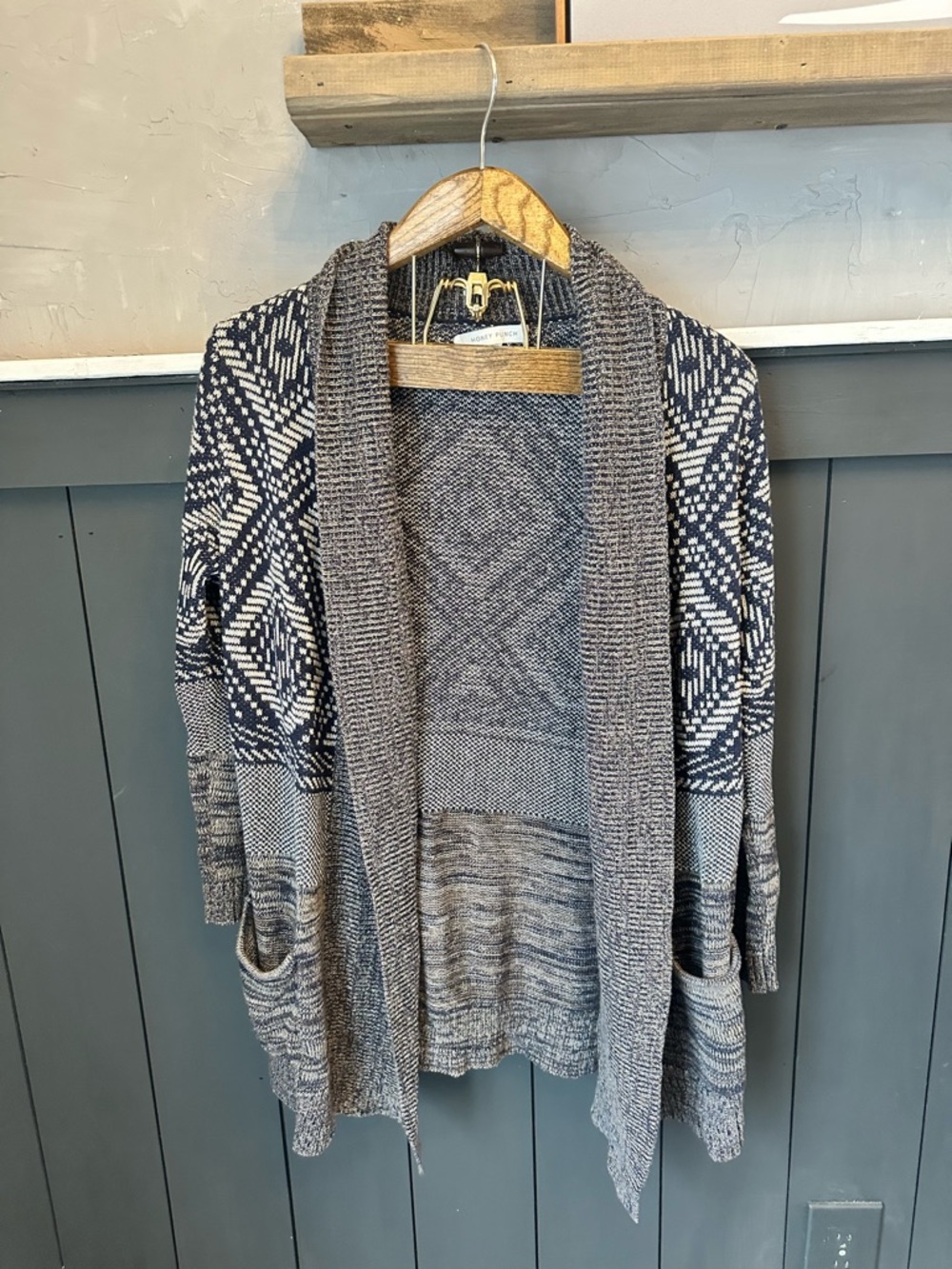 Honey Punch Navy and Cream Marled Knit Open Geometric Cardigan Sweater XS